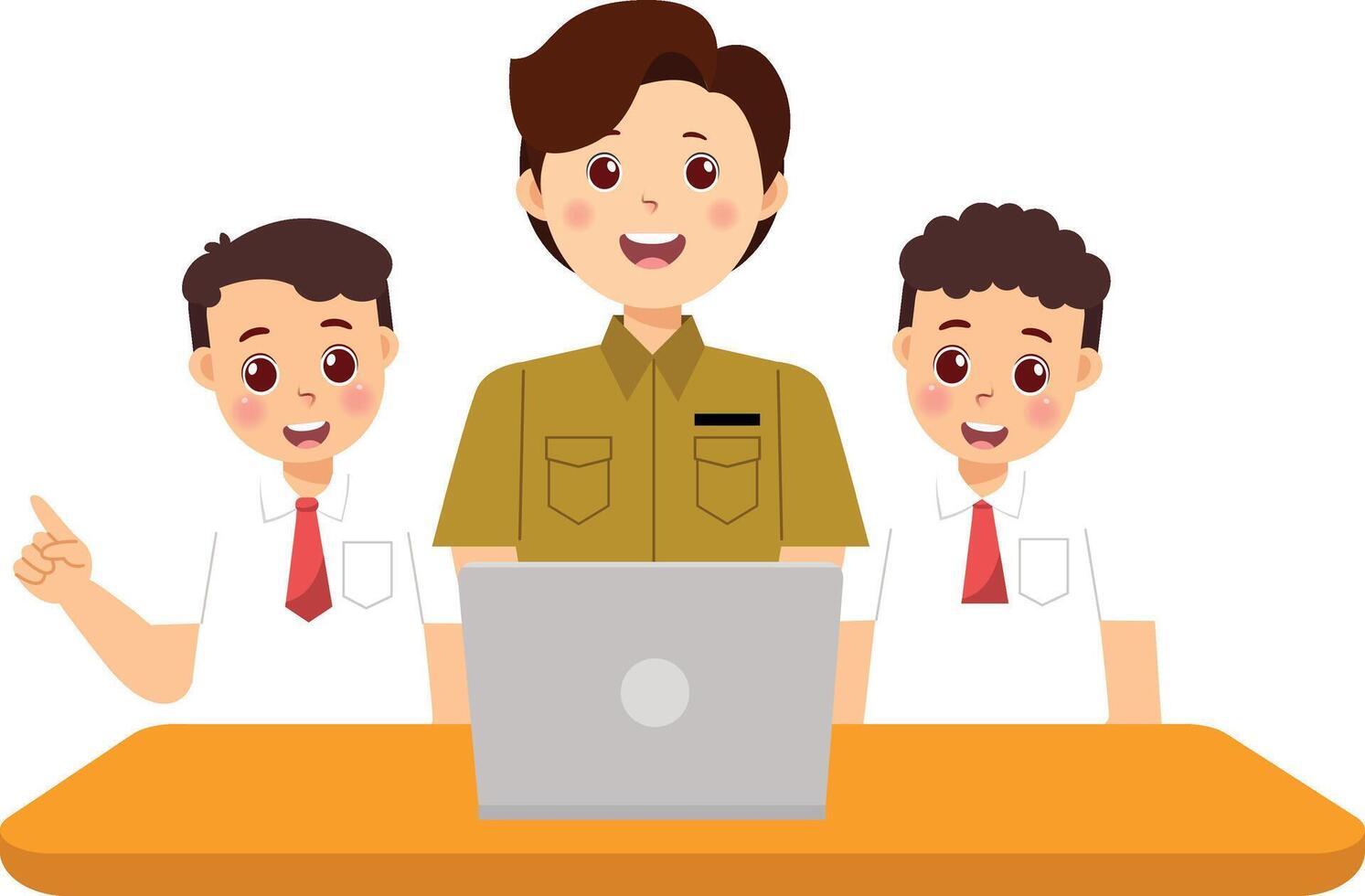 A man and two boys are sitting at a table with a laptop vector