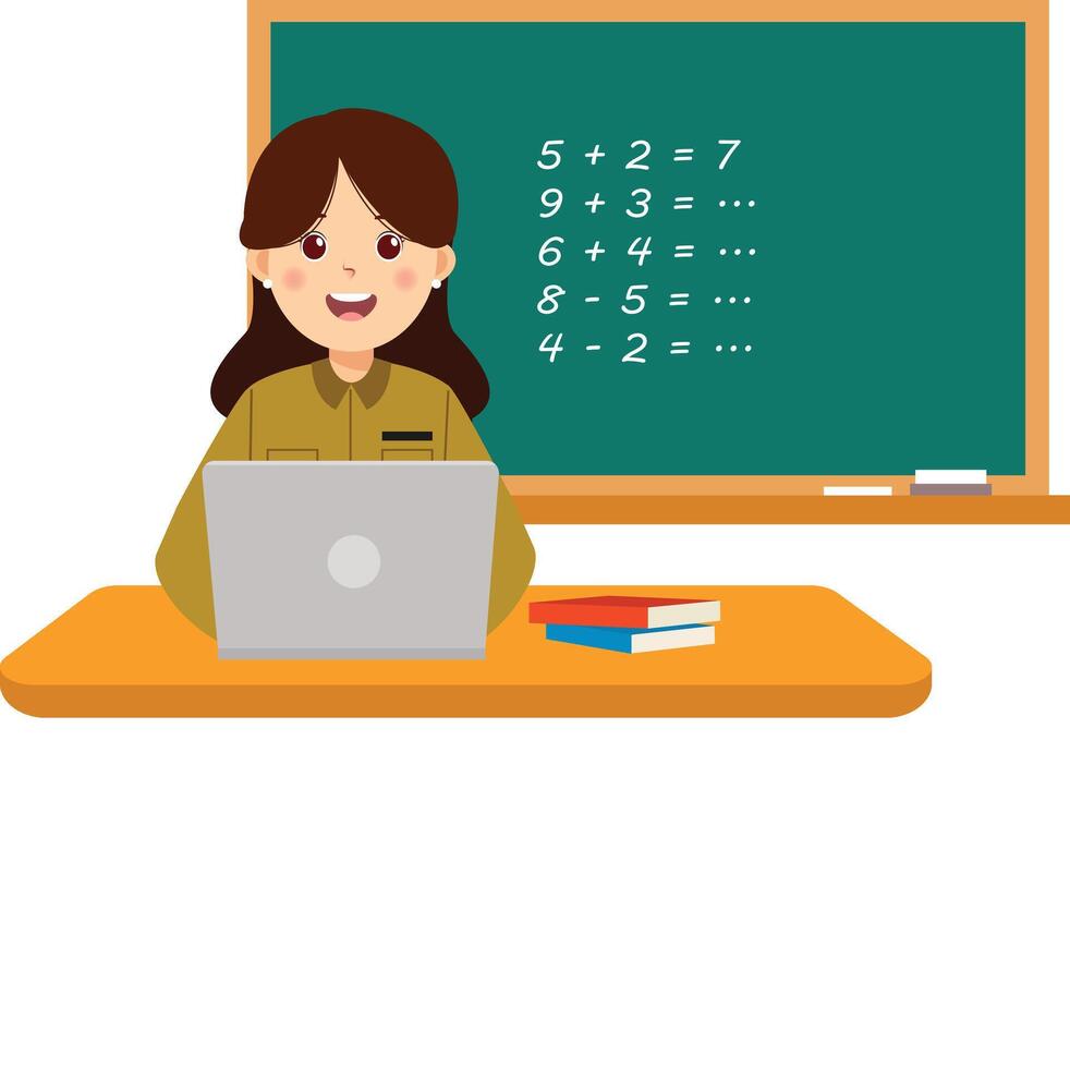 A woman sitting at a desk with a laptop and a chalkboard vector