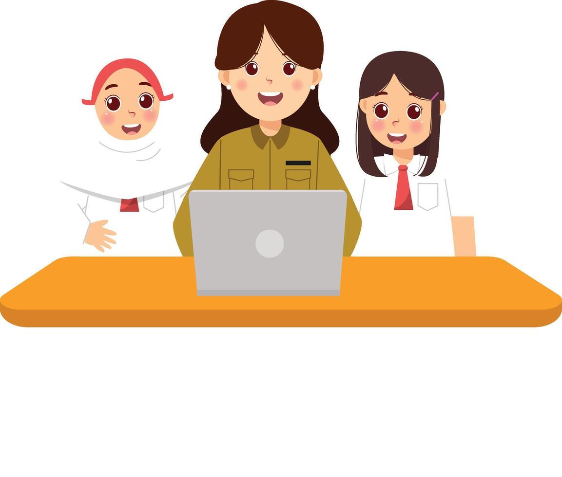 A woman and two children are sitting at a table with a laptop vector