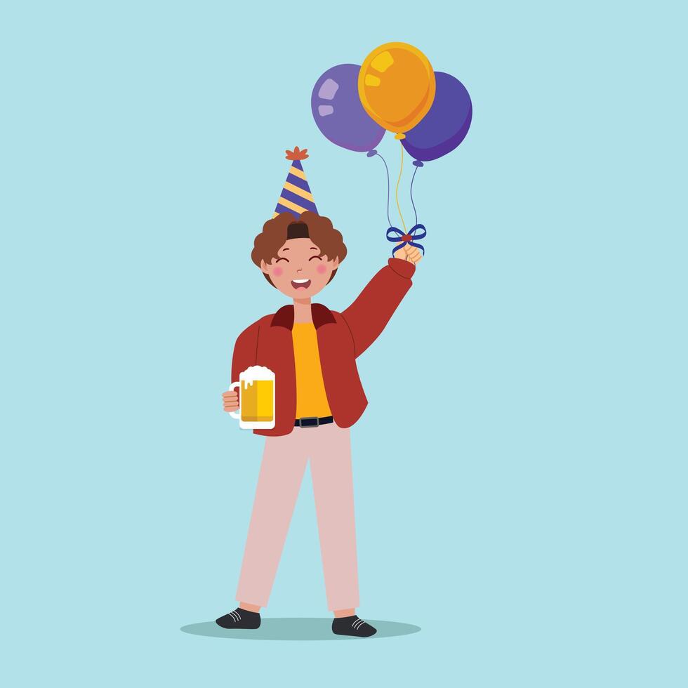 Happy birthday boy with balloons and beer illustration vector