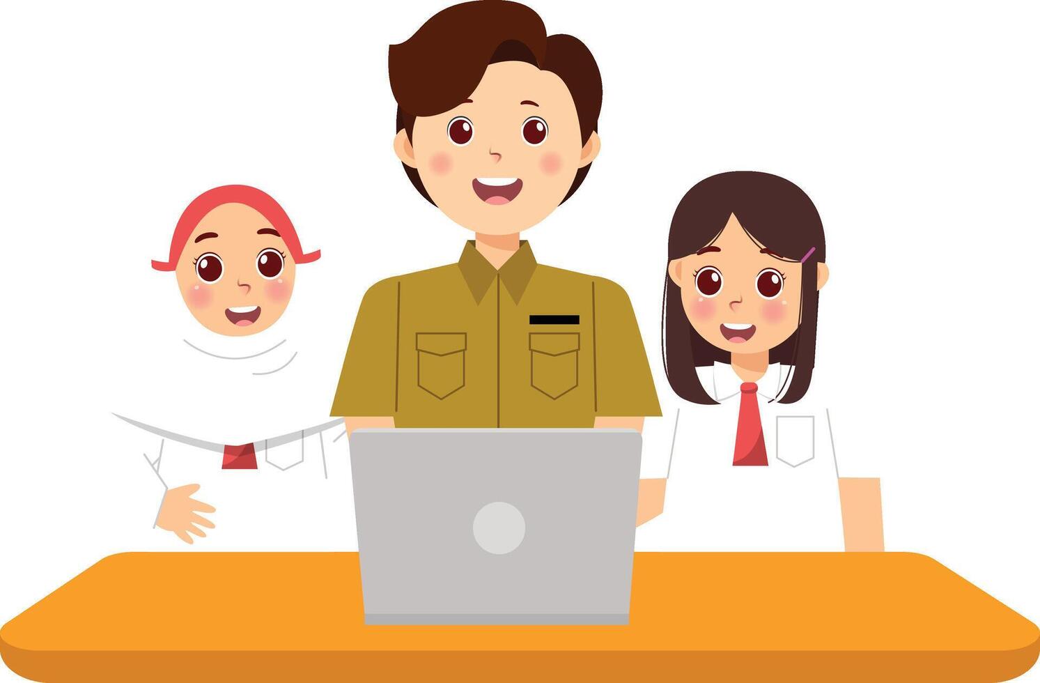 A man and two children are sitting at a table with a laptop vector