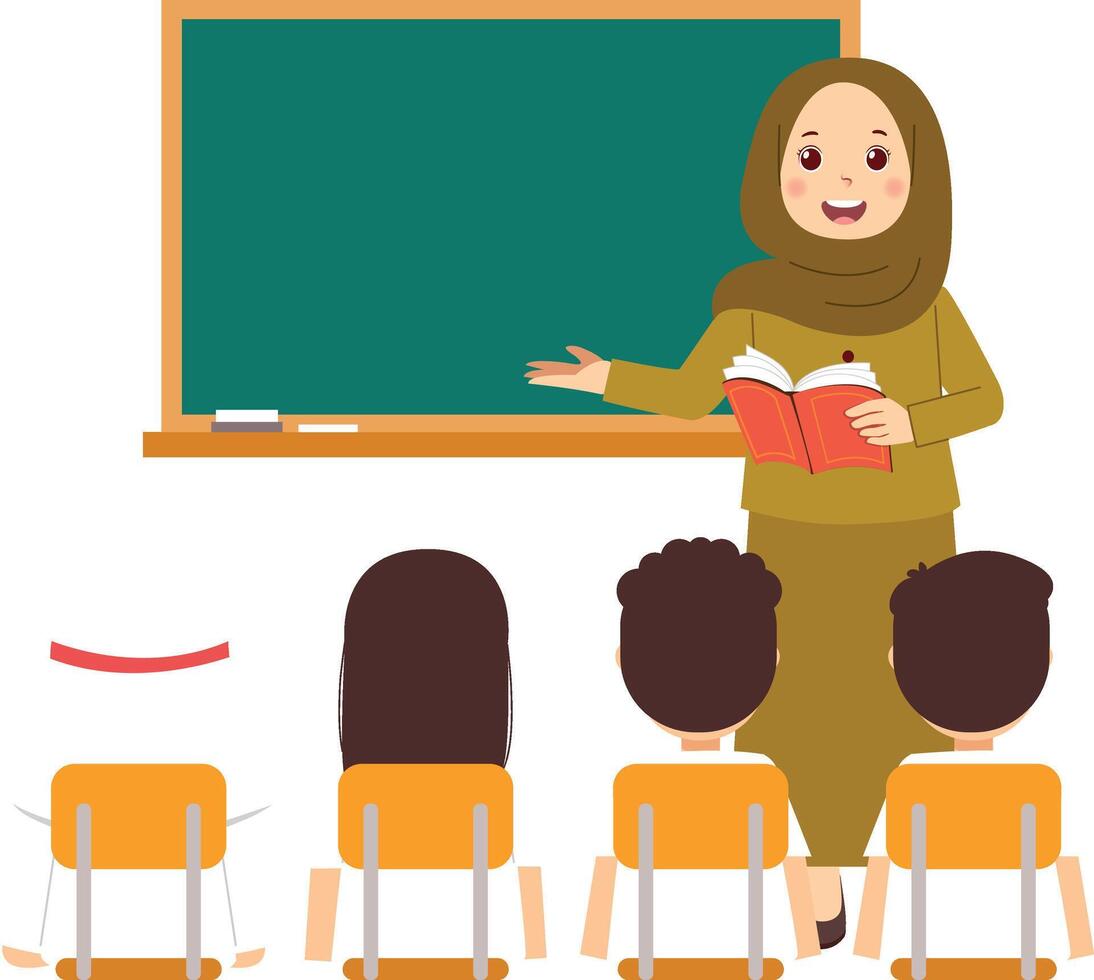 A teacher with students in front of a blackboard vector