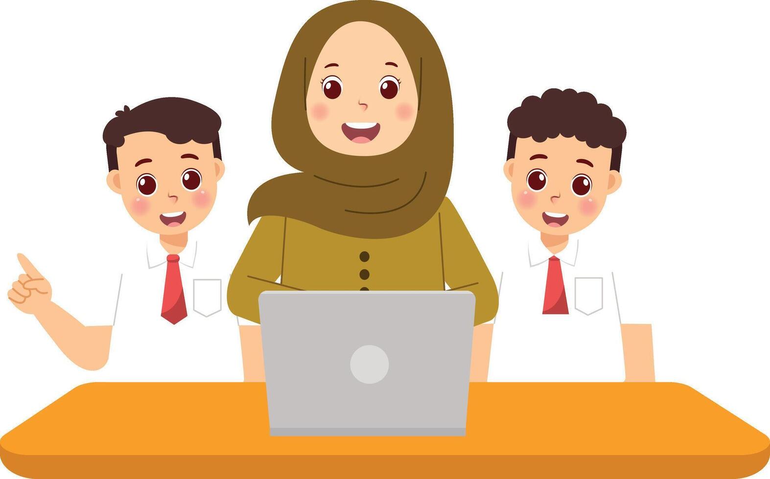 A woman with three boys in front of a laptop vector