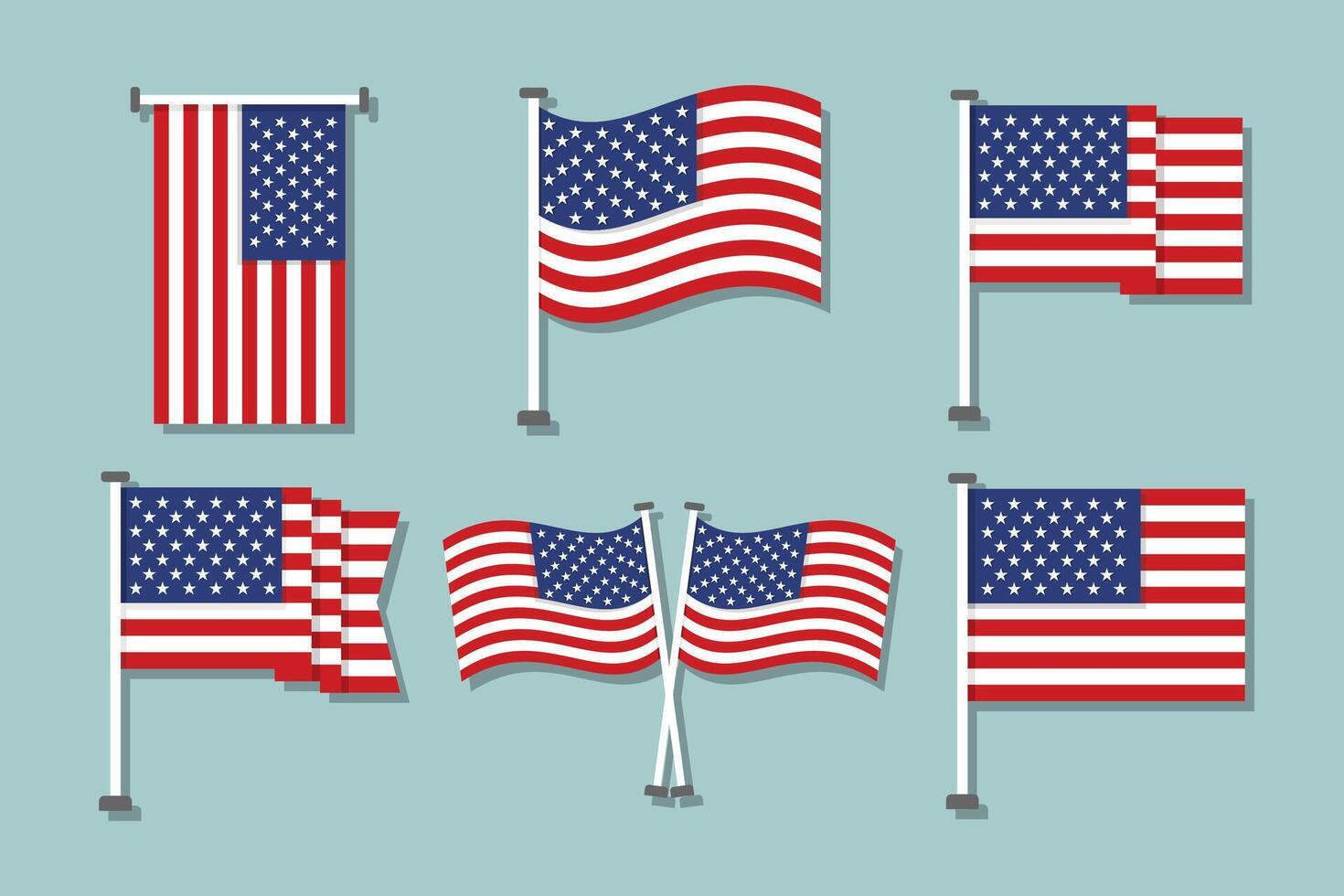 Set of USA Flag with Pole and Waving Styles vector