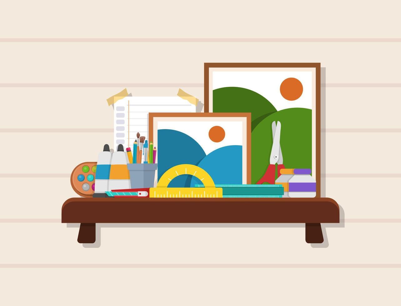 Creative Wall Shelf with Painting Tools and Canvas Illustration with Flat design Style vector