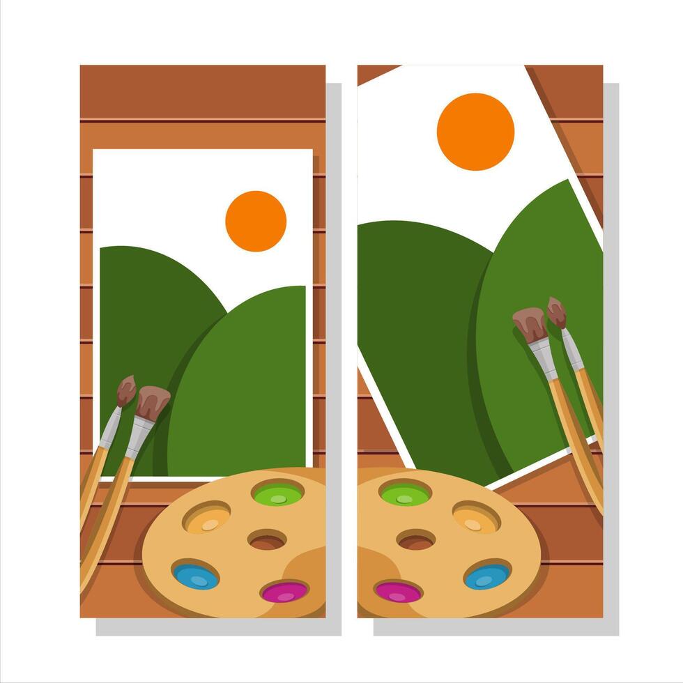 Set Vertical Banner of Nature Landscape Painting with Palette and Brushes Illustration with Flat style design vector