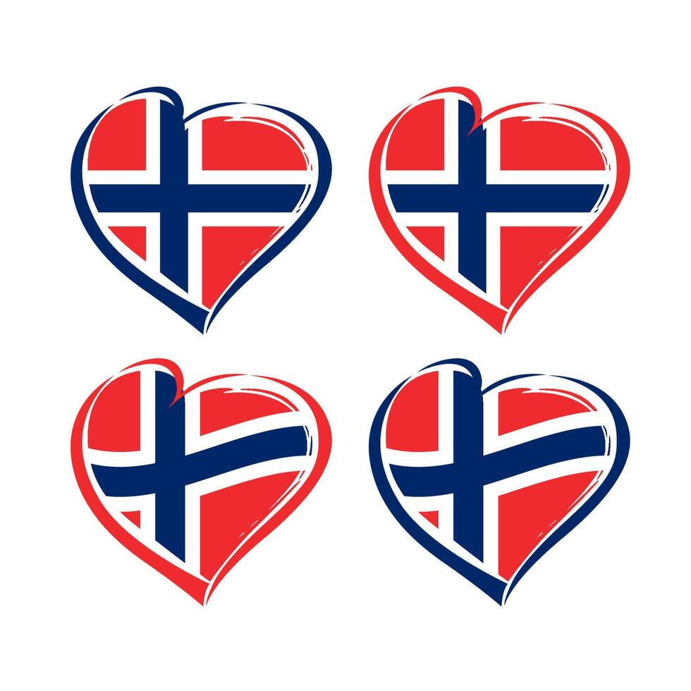 Set of creative hand drawn style hearts with Norwegian flag. Welcome to Norway symbol. Holiday icons vector