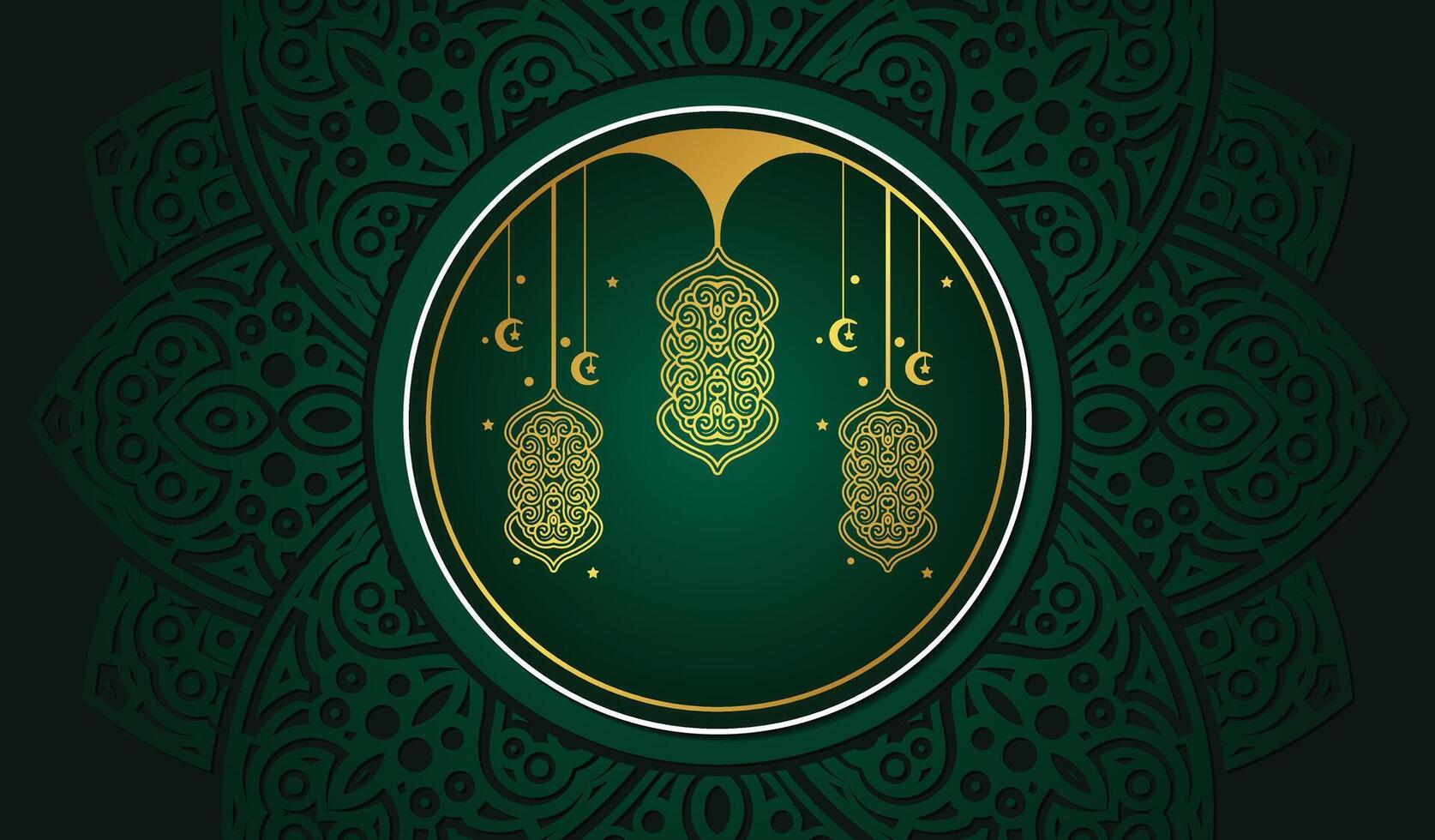 Elegant Golden Ornament Islamic Lanterns on Green Textured Background Design vector