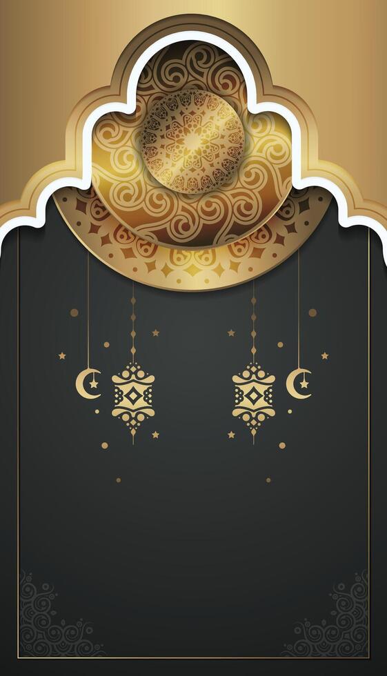 Elegant Golden Islamic Pattern with Crescent Moon and Lanterns Illustration vector