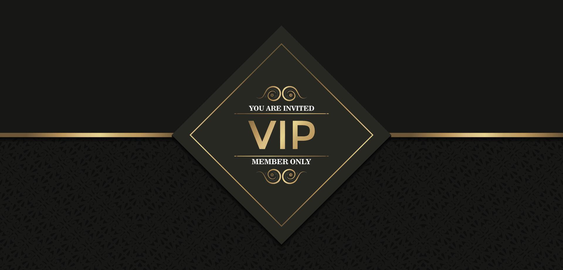 Elegant black and gold VIP invitation card with a textured background and decorative accents vector