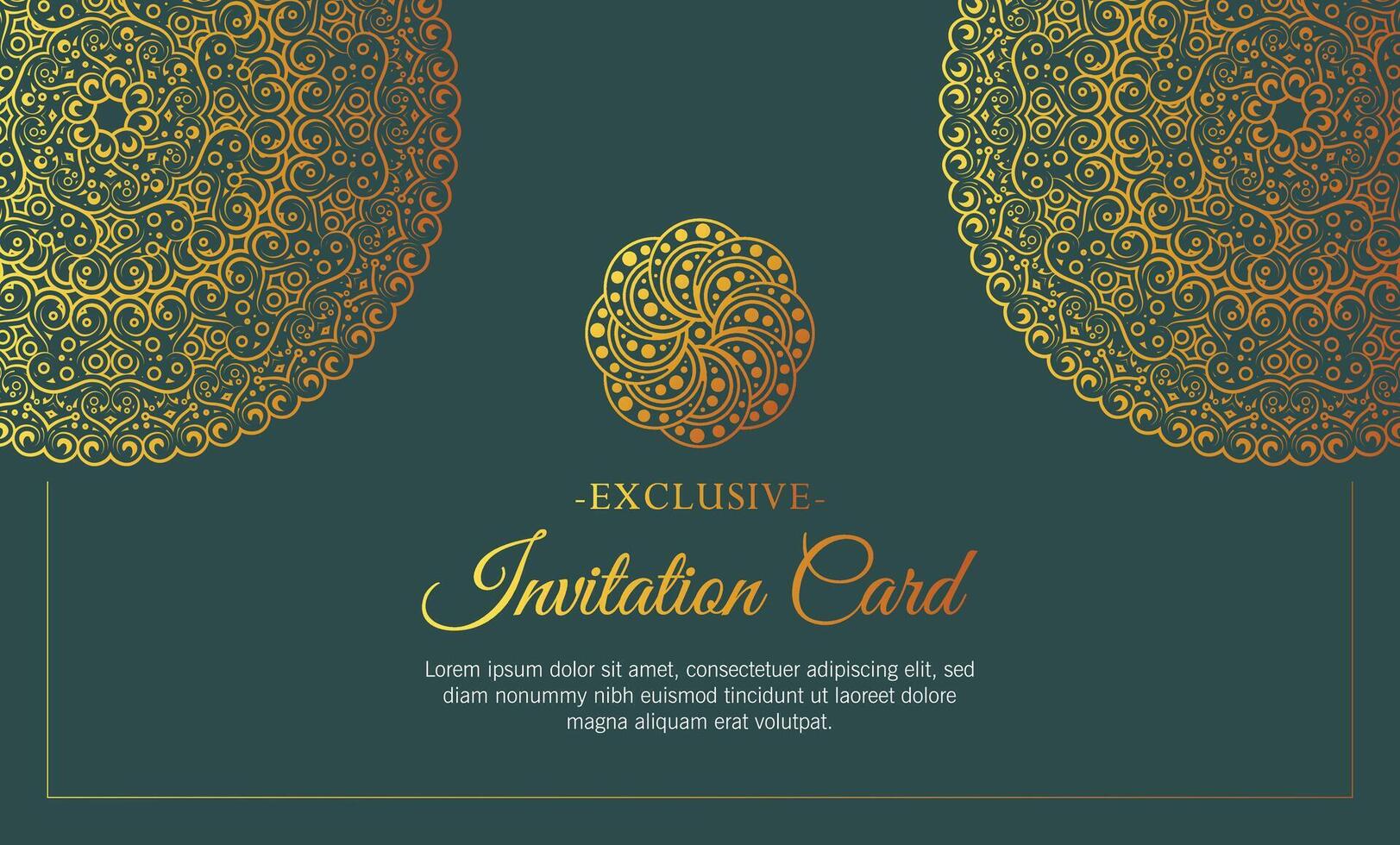 elegant invitation card design with golden mandala illustrations on a dark green background vector