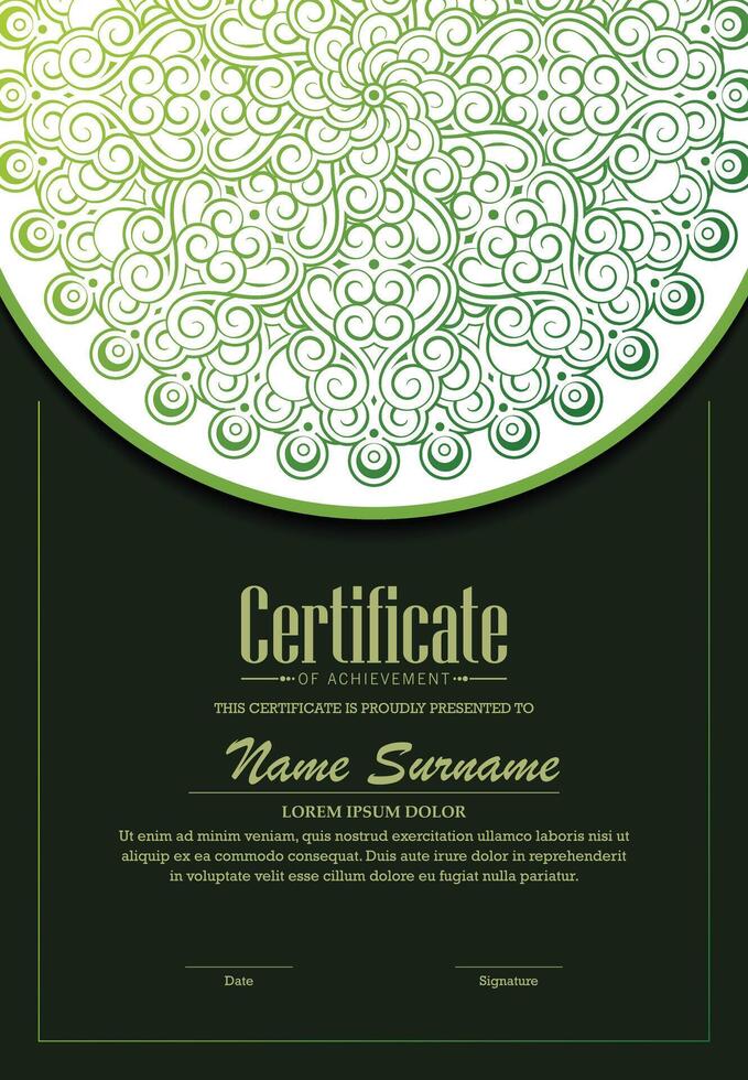 Green Gradient Mandala Certificate Template Design for Formal Recognition vector
