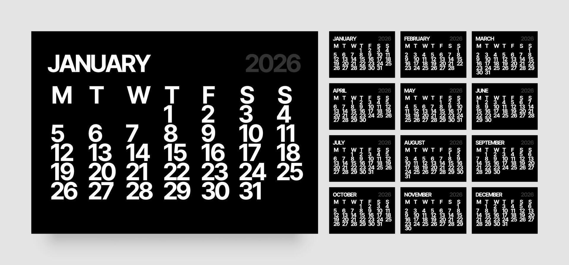 Monthly calendar layout for 2026 year. Minimalistic Diary for 2026 year in dark color. Week Starts on Monday. vector