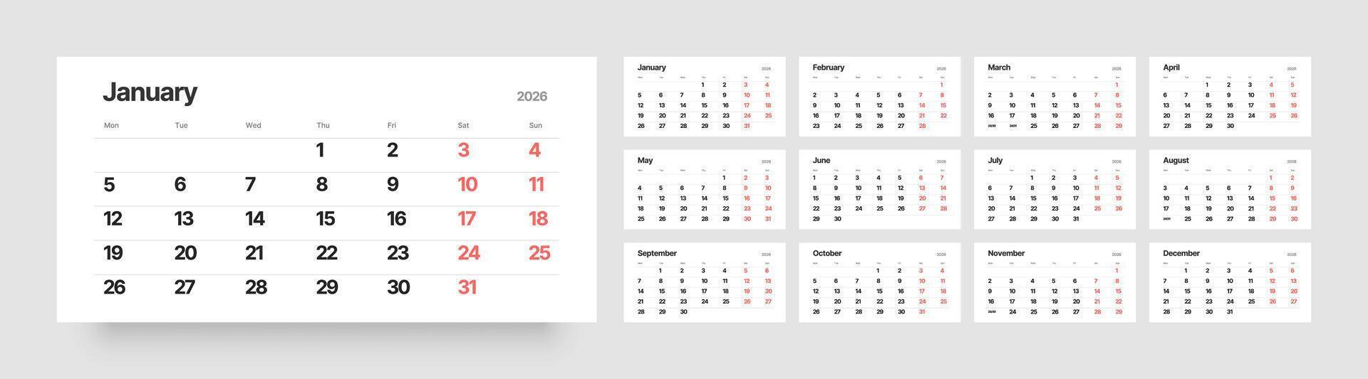 Monthly calendar layout for 2026 year. Quarterly calendar for 2026 year. Week Starts on Monday. vector