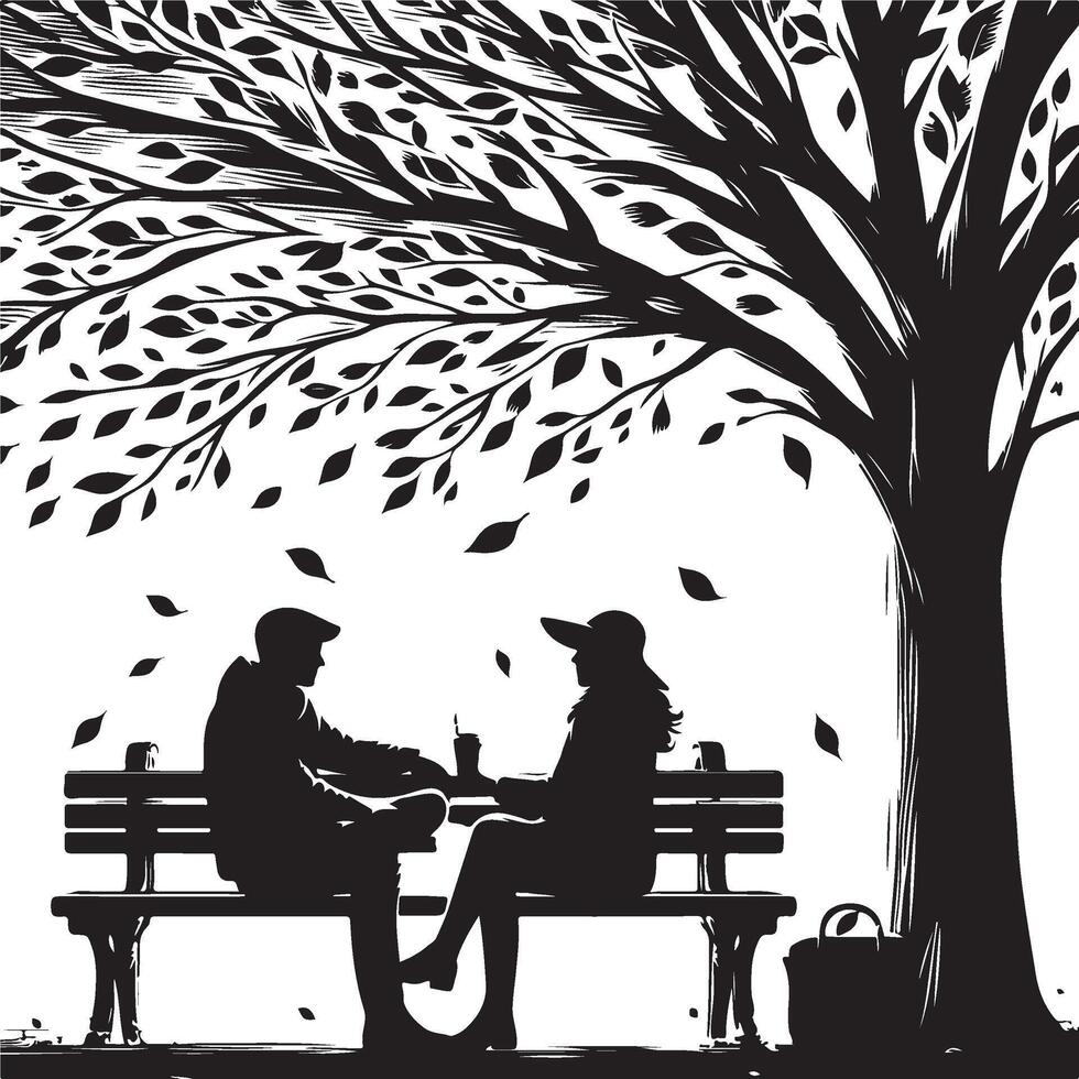 Silhouette of Couple Sitting on a Bench Under a Tree with Falling Leaves Romantic Scene new 2025 trendy unique vector