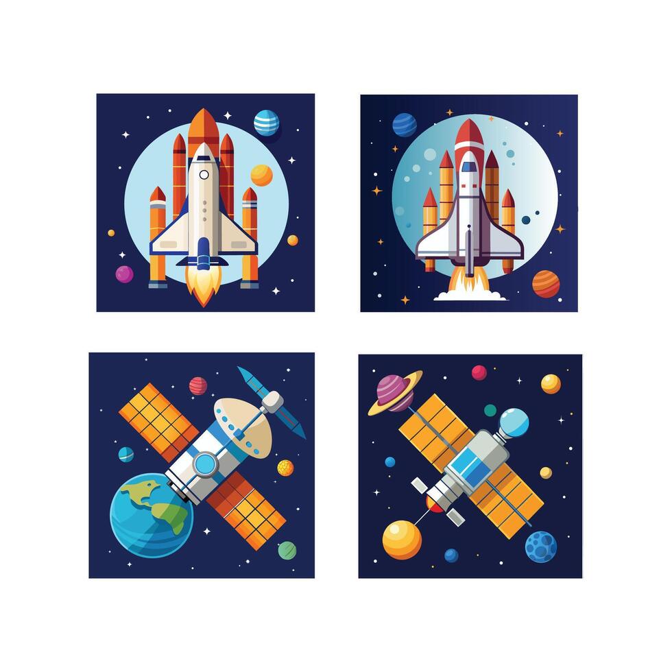 space shuttle launch and space rocket illustration set new 2025 trendy telescope illustration vector