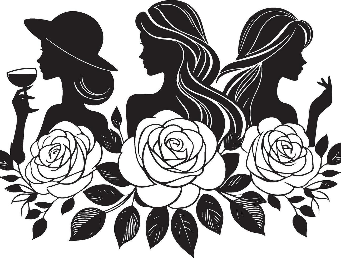 silhouette of three woman with rose, Three Elegant Women Silhouettes in Different Beauty Styles new 2025 unique trendy vector