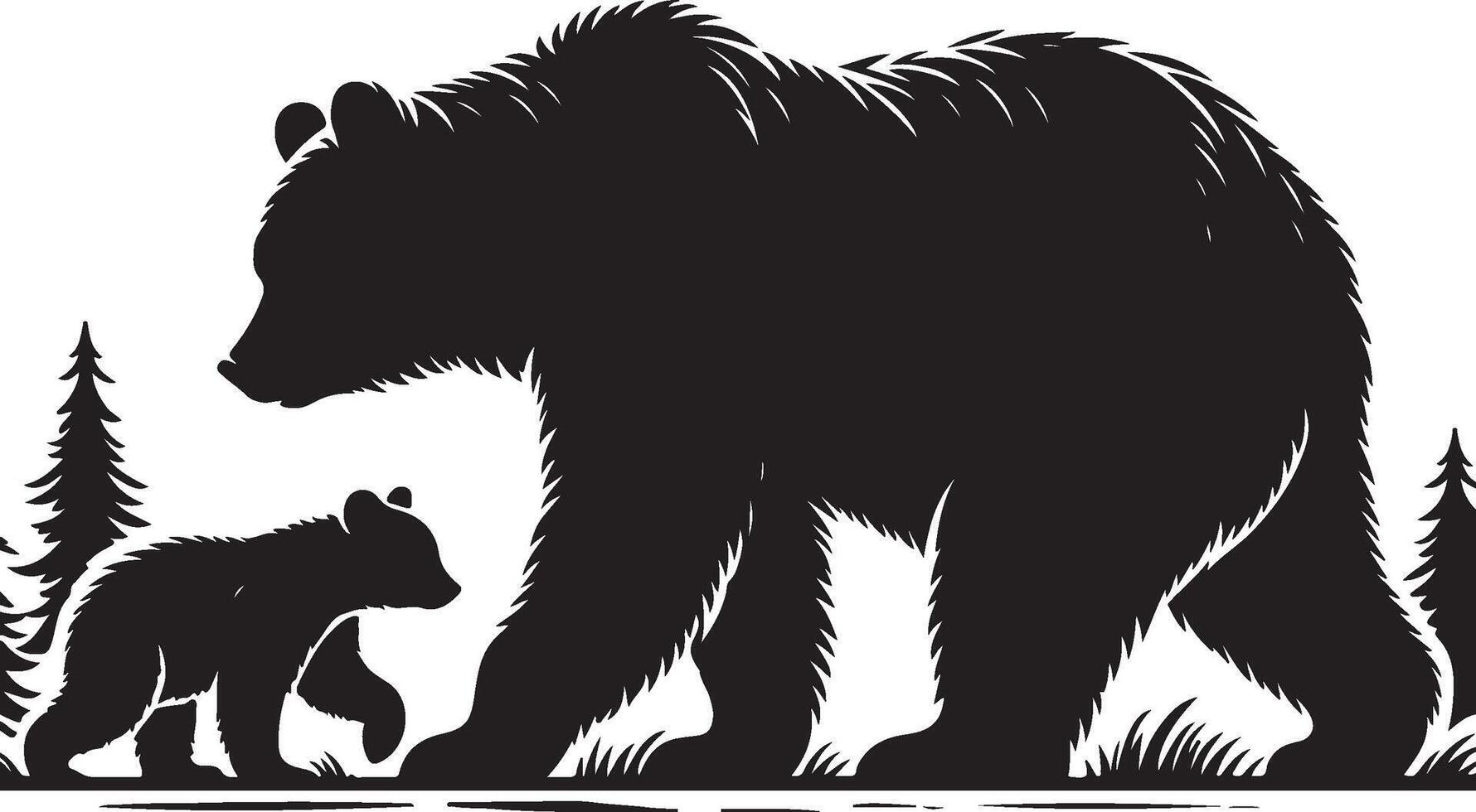 Silhouette of Bear and Cub Walking Together Wildlife Family Scene new 2025 trendy unique vector