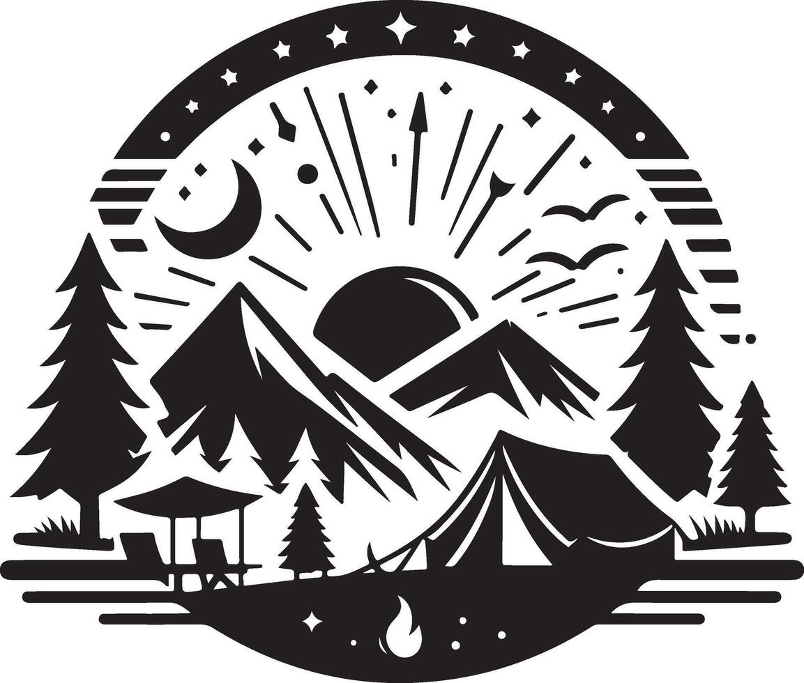 Camping scene silhouette illustration of a mountain landscape new trendy 2025 happy camping vector