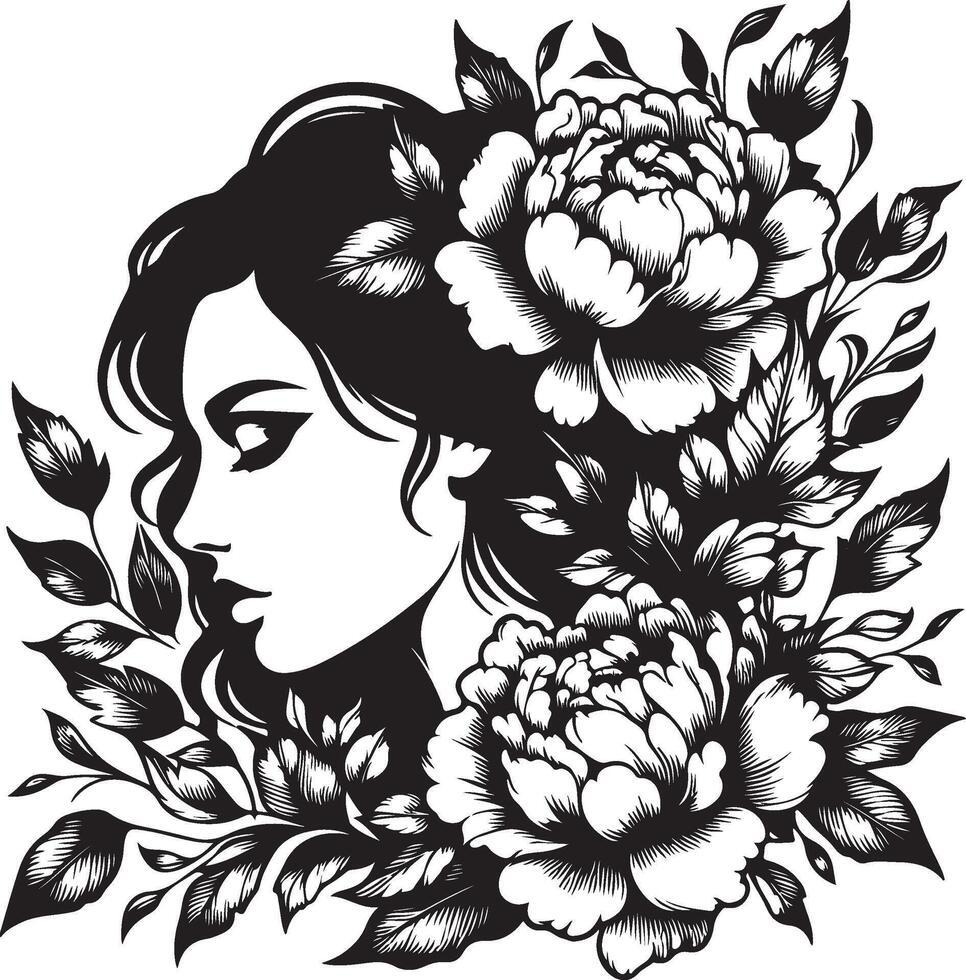 Womans Profile Silhouette with Peonies and Leafy Vines Tattoo Style Art new 2025 trendy unique vector