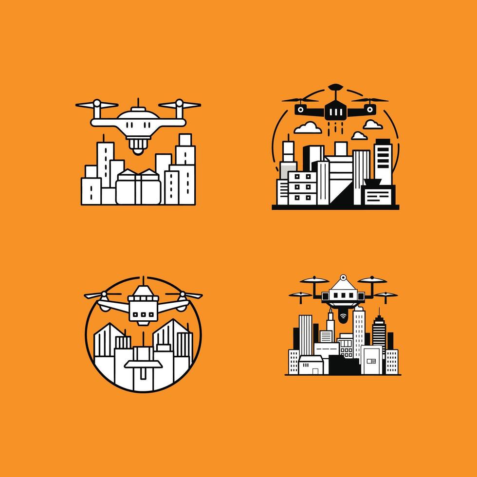 Set of illustration of a drone in cityscape airplane flying in the sky new 2025 trendy military aircraft silhouettes vector