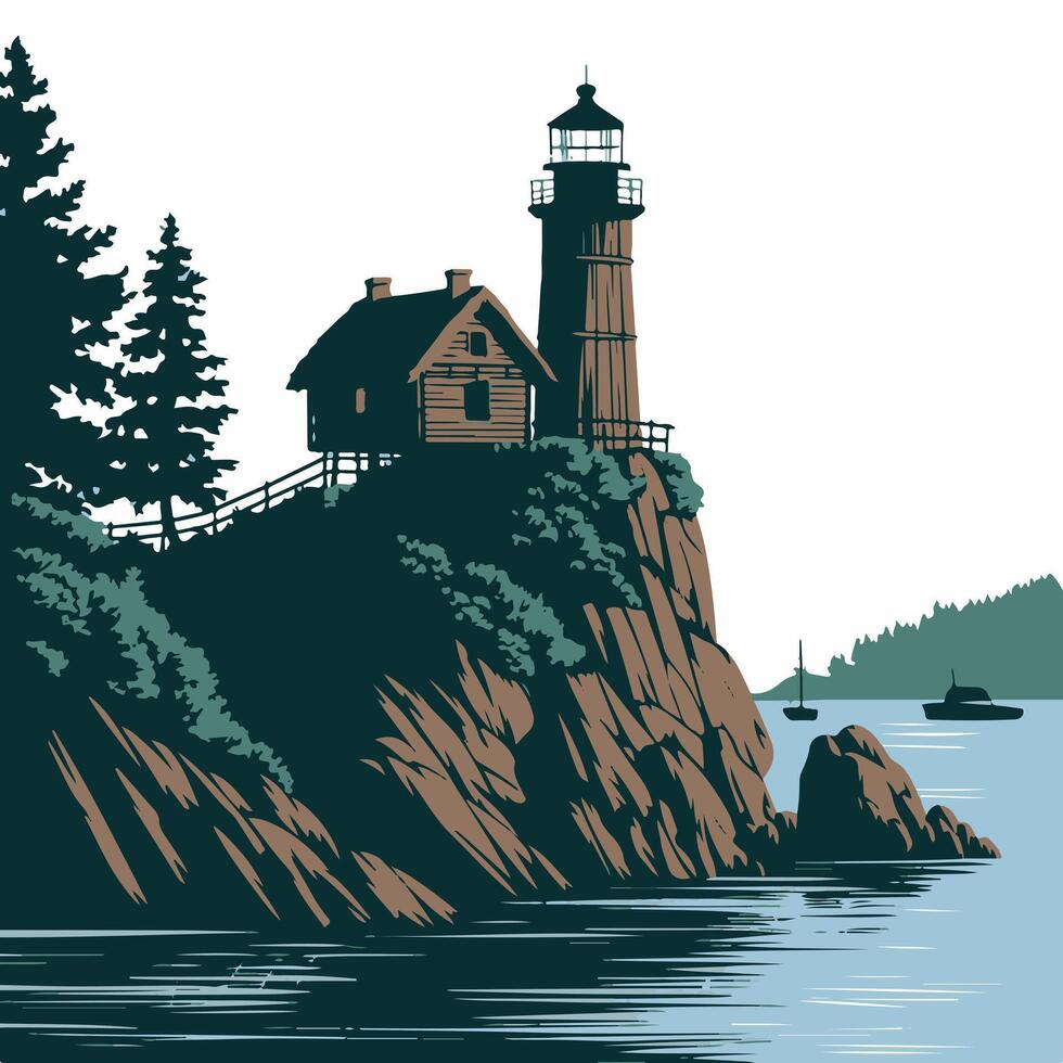 Rustic Lighthouse on Rocky Cliff Detailed Black and White Silhouette Illustration lighthouse on the coast of the sea new 2025 trendy lighthouse on the coast vector