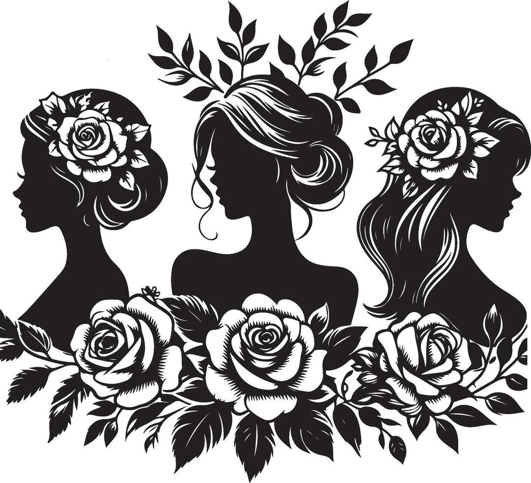 silhouette of three woman with rose, Three Elegant Women Silhouettes Representing Beauty Styles new 2025 trendy unique vector