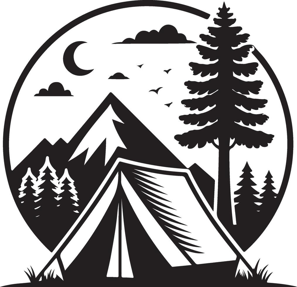 Camping scene silhouette illustration of a mountain landscape new trendy 2025 vector