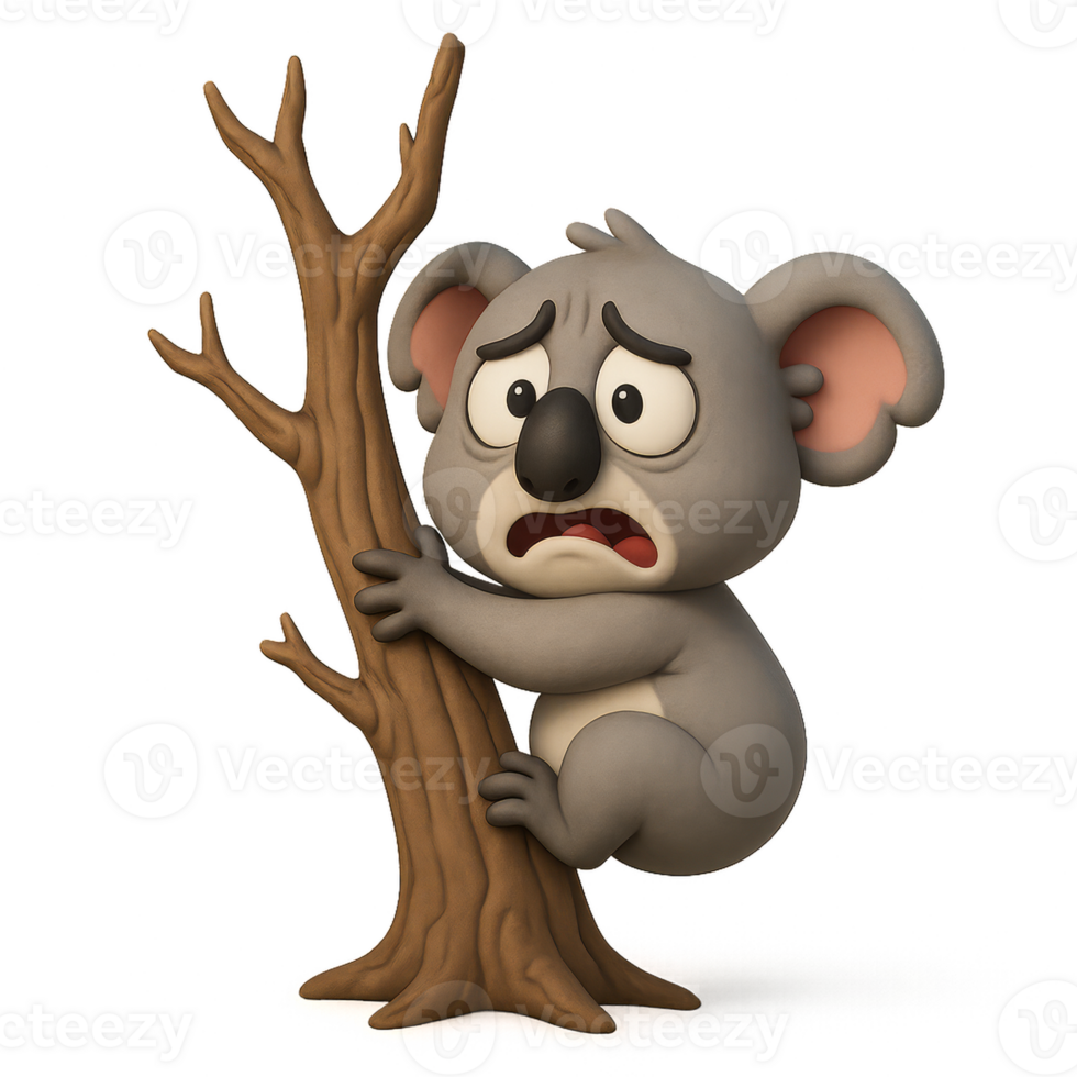 Distressed Cartoon Koala Clinging to Tree in Simple Design Style png