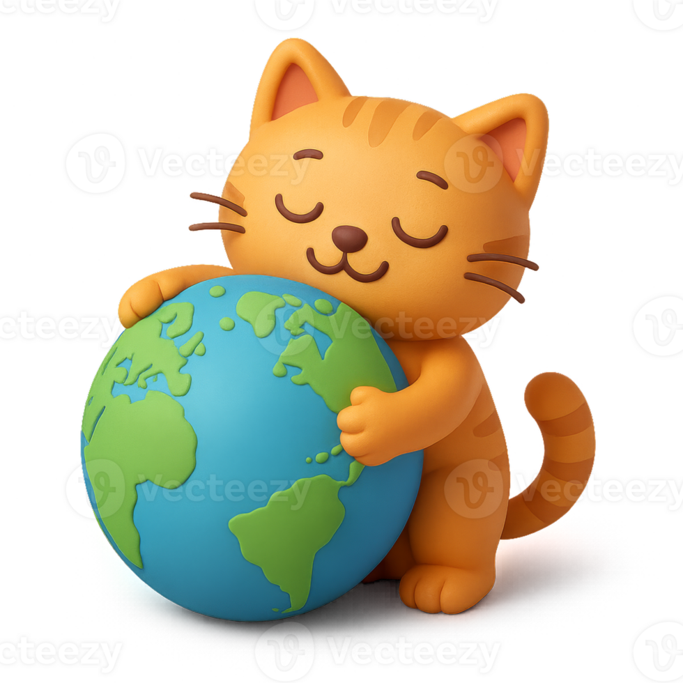 Cute Cat Embracing Earth with Joyful Expression and Playful Design png