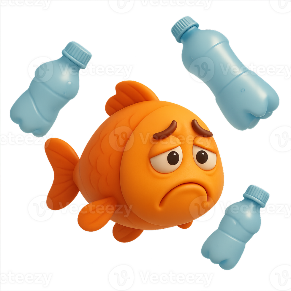 Sad Cartoon Fish Surrounded by Bottles Representing Pollution png