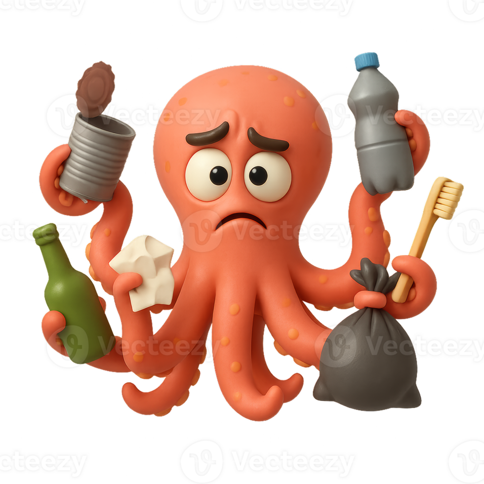 Confused Octopus Experiencing Cleanup Chaos in Colorful Scene png