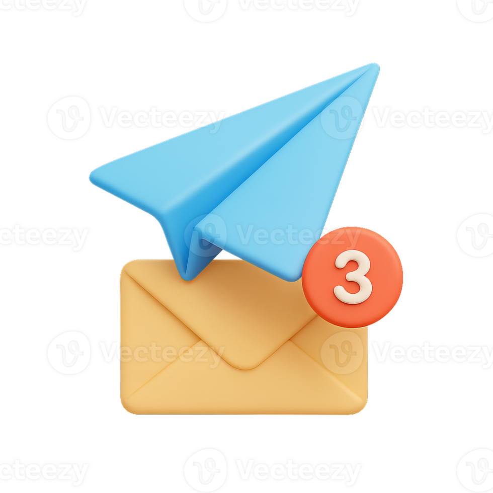3D Paper Plane Alert Icon on Envelope with Notification Badge png