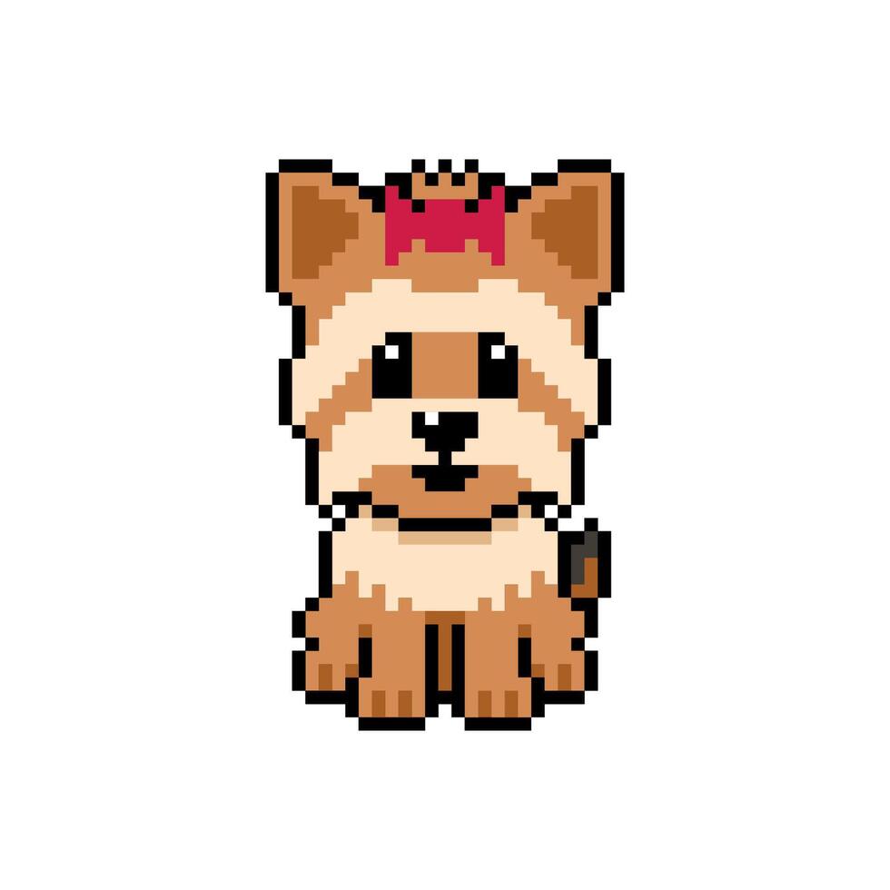 Pixel art cute yorkshire terrier dog in retro style for design. vector