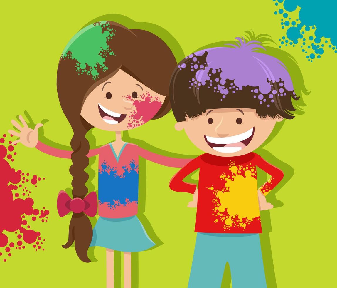 happy cartoon girl and boy having fun on party with color powders vector