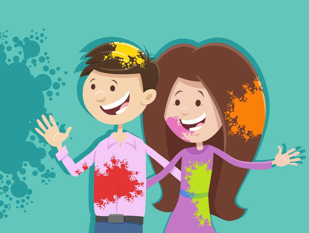 happy cartoon girl and boy on party with color powders vector