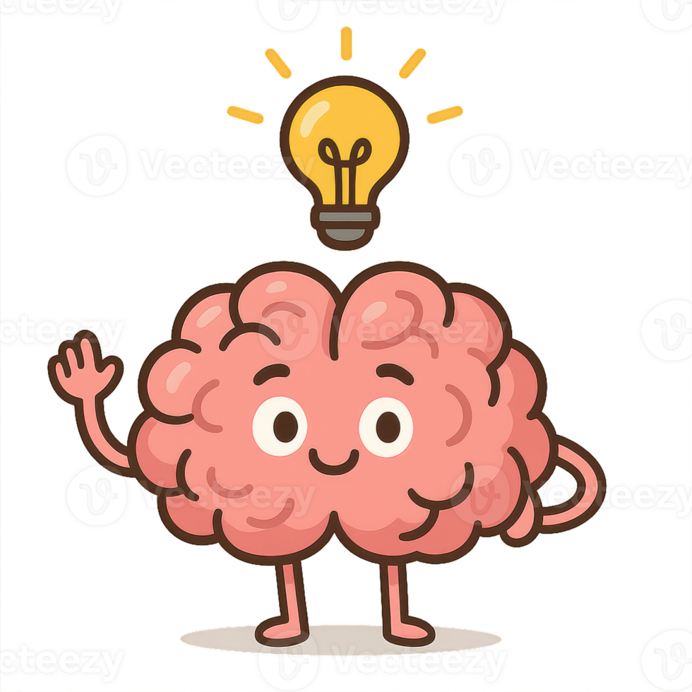Creative Brain Character with Light Bulb Generating New Ideas png