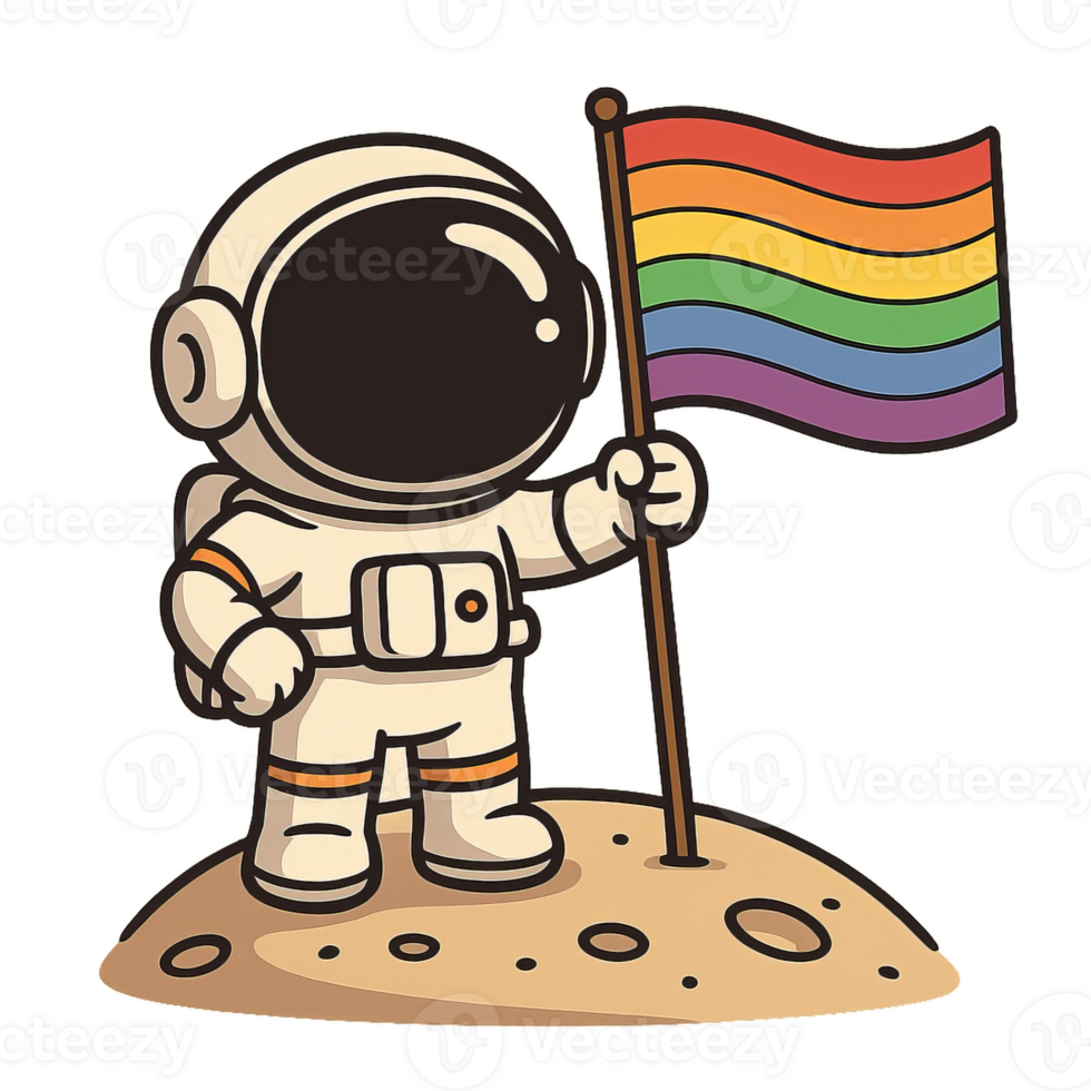 Astronaut Holding Rainbow Flag on Moon Surface in Simple Style png