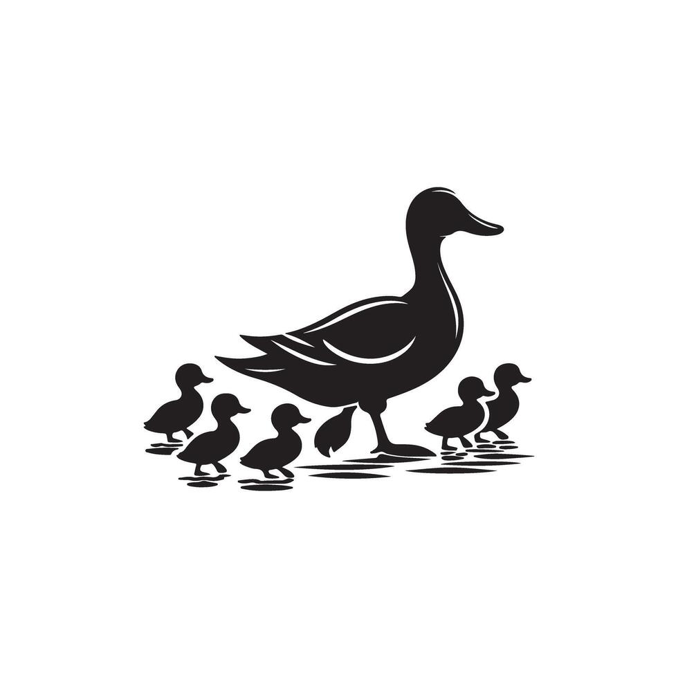 A black and white silhouette of a duck and her babies vector