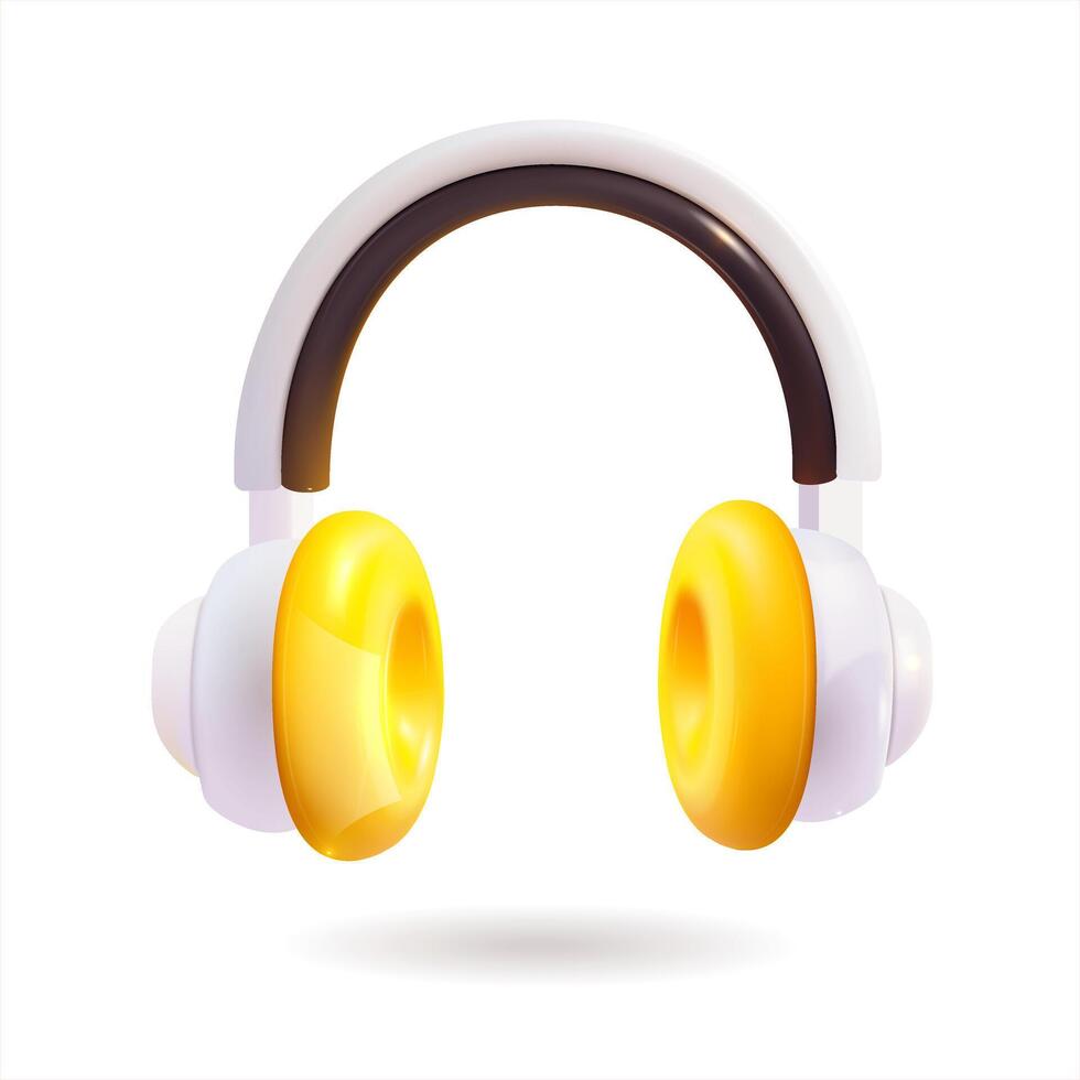A stylish pair of white and yellow headphones placed on a white background in the style of 3D realism, cartoon design, 3D plastic with glossy highlights vector