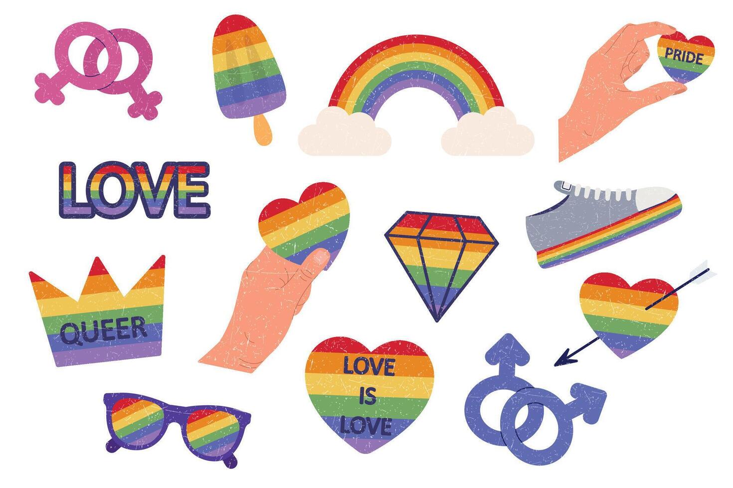 LGBTQ sticker set. LGBT pride symbol. Rainbow elements on gray background. vector