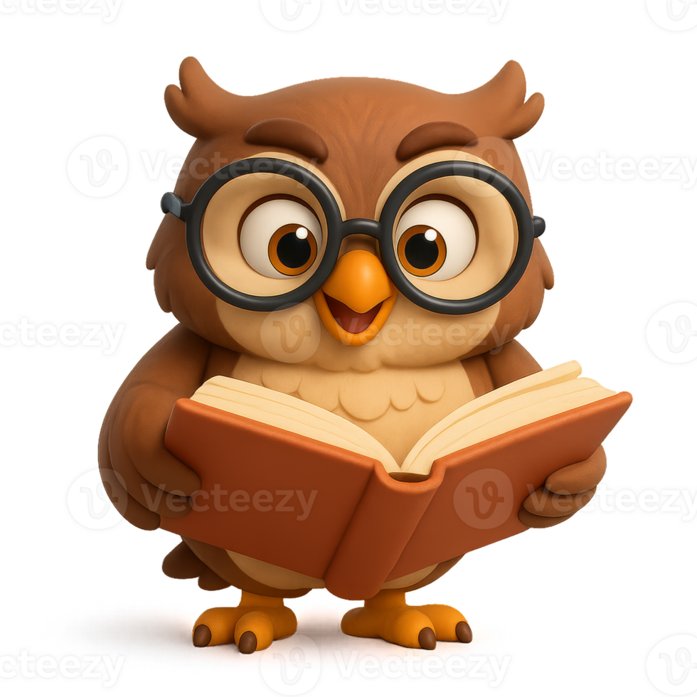 Cartoon Owl Wearing Glasses Reading a Book with a Friendly Smile png