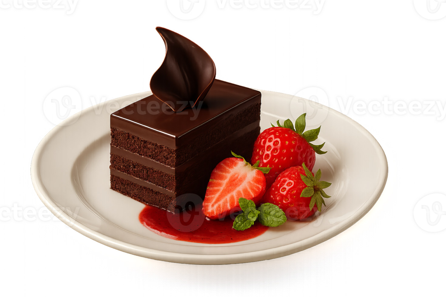 Luxurious Chocolate Cake Slice with Fresh Strawberries and Sauce png
