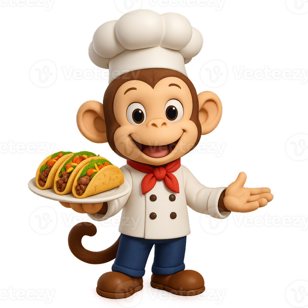 Playful Monkey Chef Holding Tacos Ready to Serve Fresh Meals png