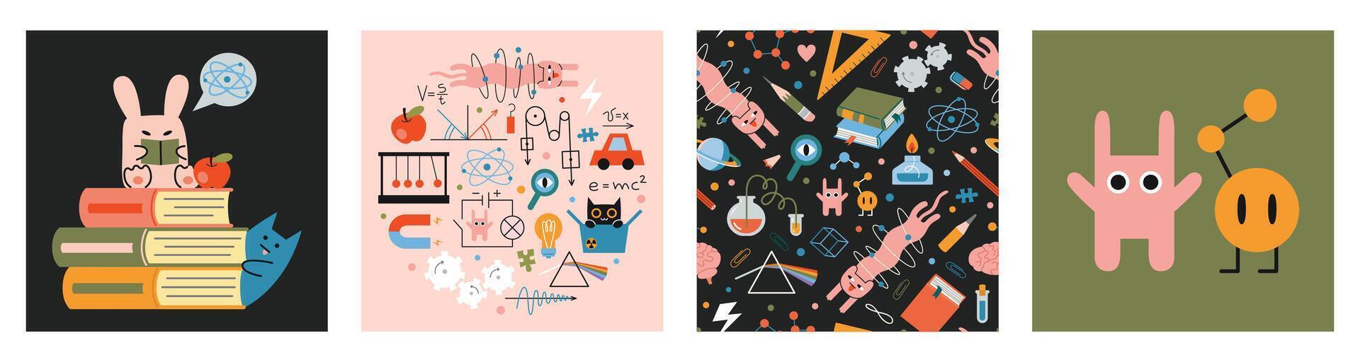 Education and study concept set with cute characters and seamless pattern. Physics lesson at school. Formulas, drawings, and equipment for classes. Trendy modern illustration, hand drawn, flat vector