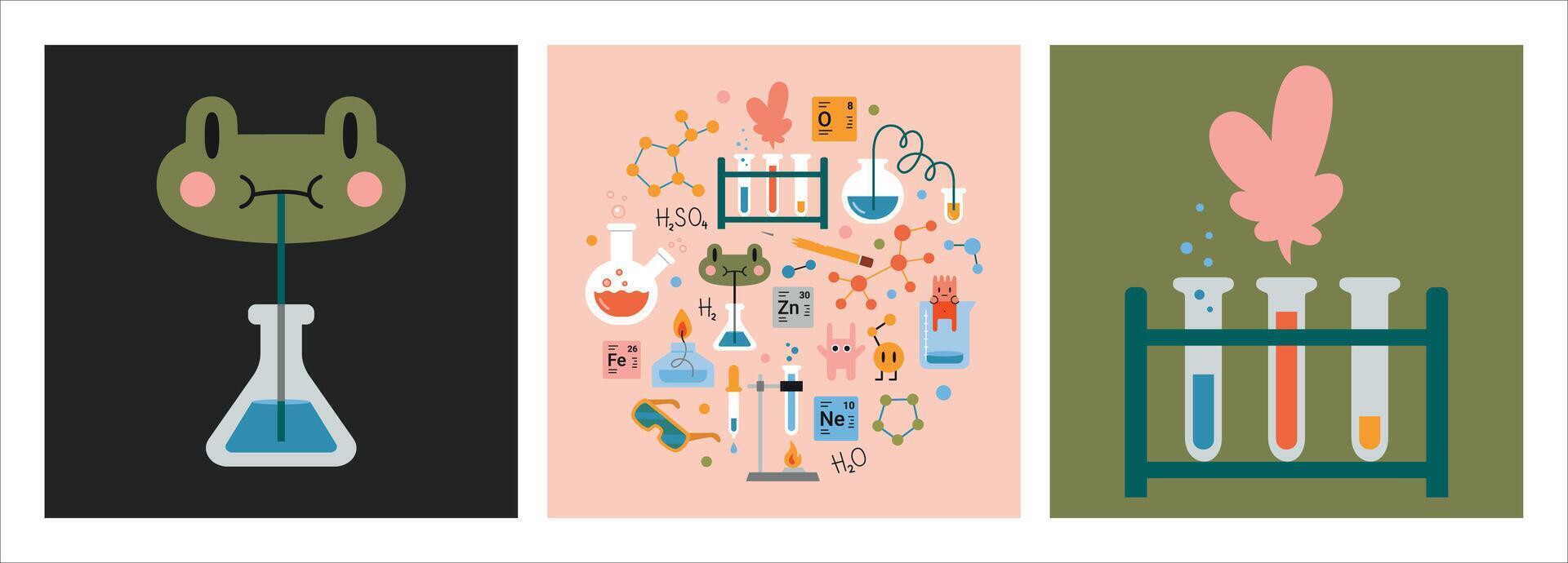 Education and study concept set with cute characters and composition. Chemistry lesson at school. Laboratory Test tubes, equipment for classes. Trendy modern illustration, hand drawn, flat vector