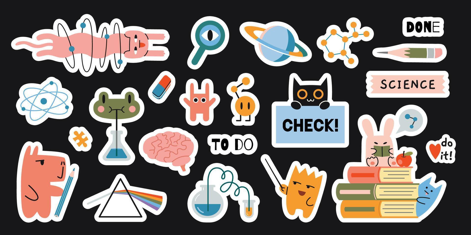 Set of school stickers with white outline, cutting line. Science research, Education and study concepts with cute characters. Trendy modern illustration on light background, hand drawn, flat vector