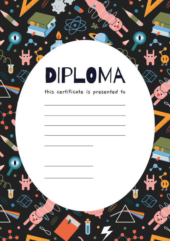 School diploma certificate for students with scientific pattern. Background with Education concept and place for text. Trendy modern illustration, hand drawn, flat vector