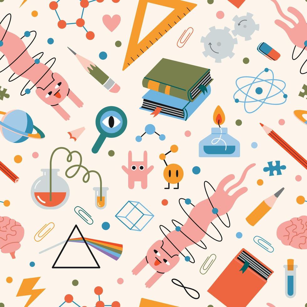 Seamless pattern on theme of physics and chemistry with cute characters. Science research, Education and study concepts. Trendy modern illustration on light background, hand drawn, flat vector