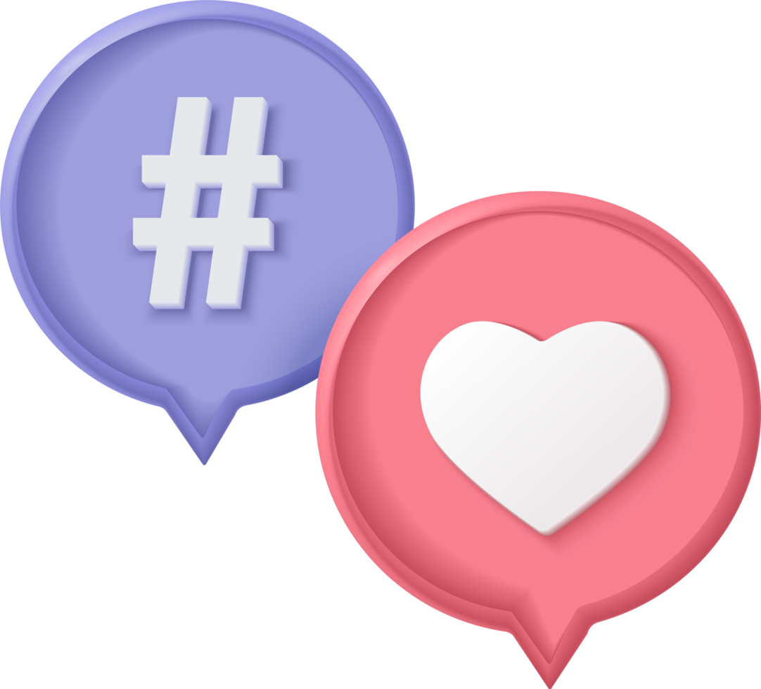 Two speech bubbles with a heart and hash tag png